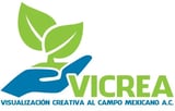 VICREA logo featuring a blue hand holding green leaves, representing creative visualization in Mexican agriculture
